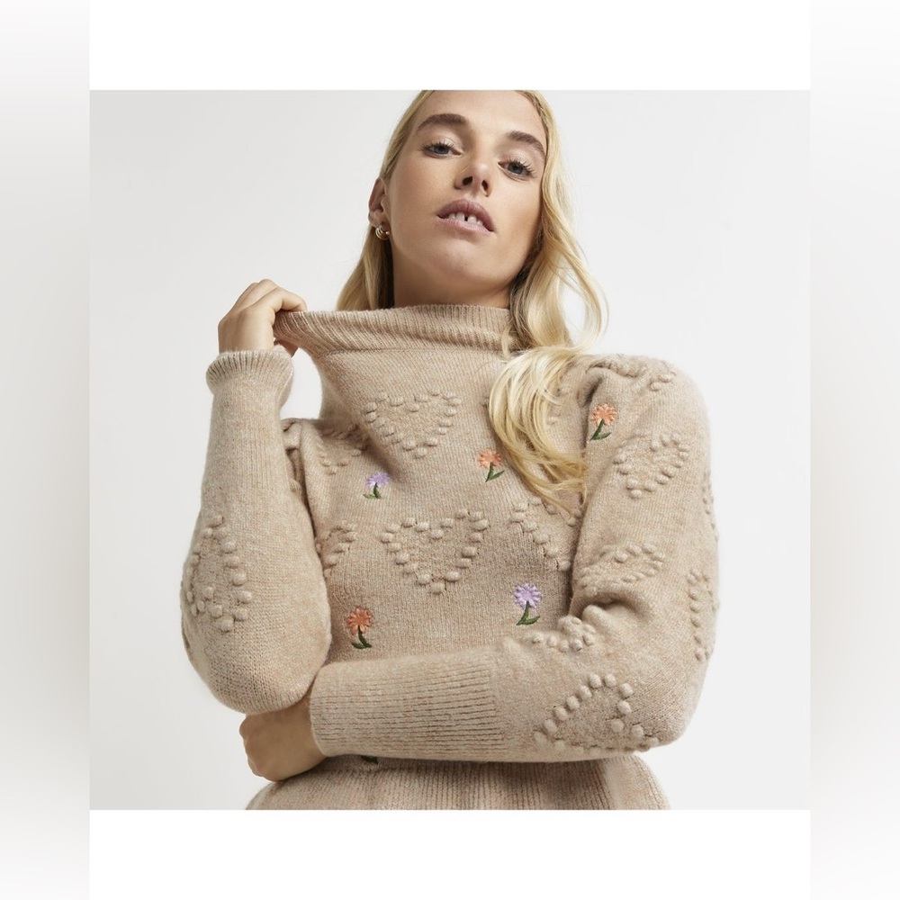 River Island Embroidered Mock Neck Peplum Sweater
